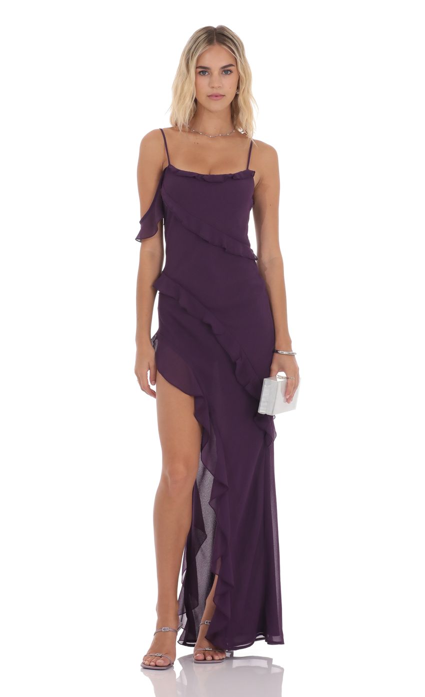 Lucy In The Sky Chiffon Ruffle Maxi Dress in Purple