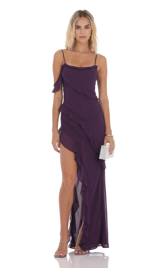 Lucy In The Sky Chiffon Ruffle Maxi Dress in Purple