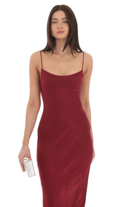 Lucy in the Sky Satin Open Back Maxi Dress in Red