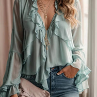 Ursime Ruffle Layered V Neck Flare Sleeve Blouse