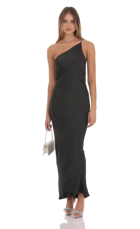 Lucy In The Sky One Shoulder Pearl Satin Maxi Dress in Black