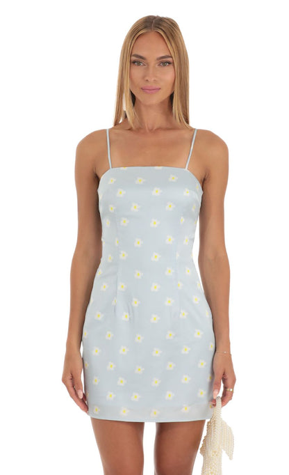 Lucy In The Sky Floral Satin Tie Back Dress in Sky Blue