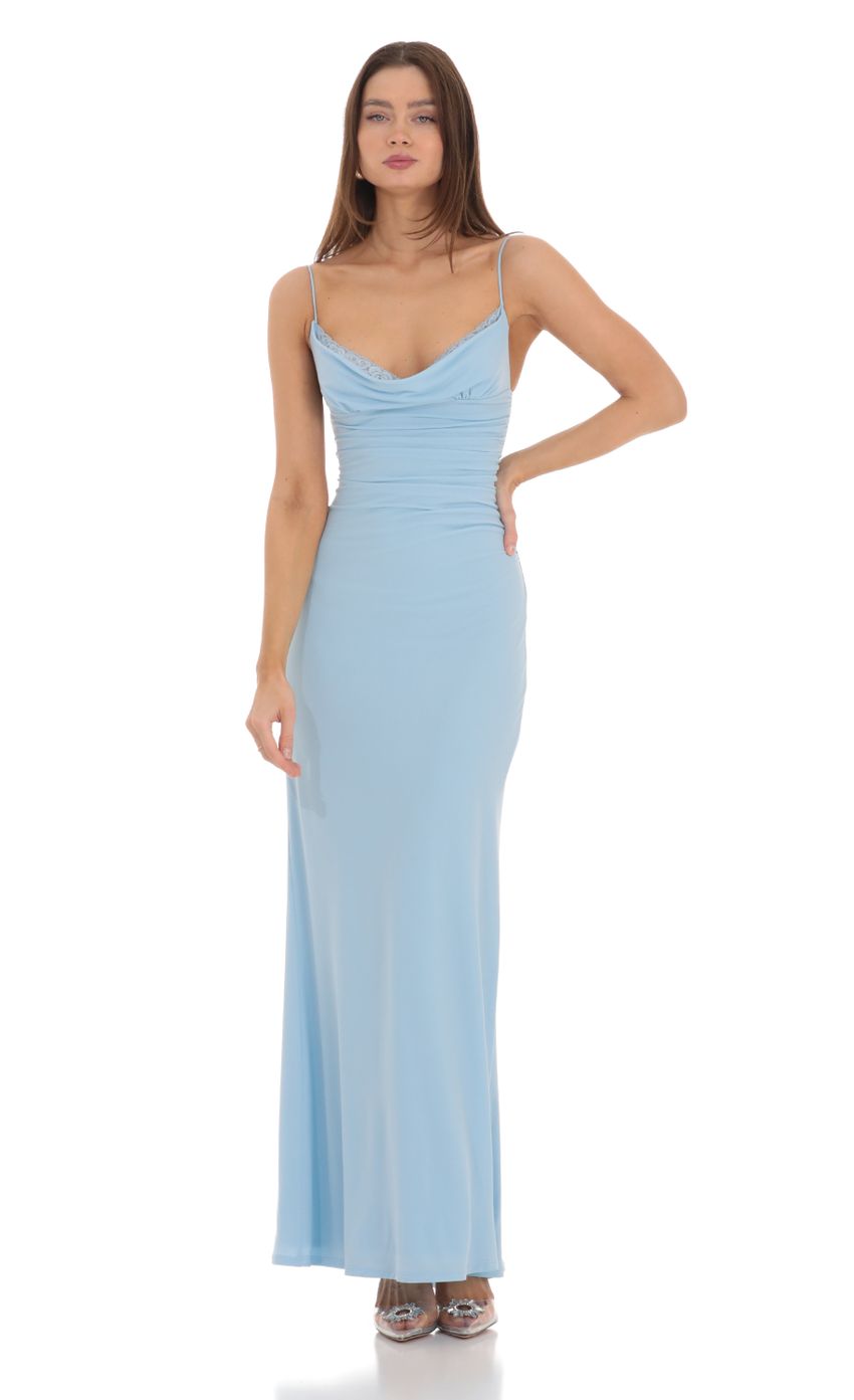 Lucy in the Sky Cowl Neck Mermaid Maxi Dress in Blue