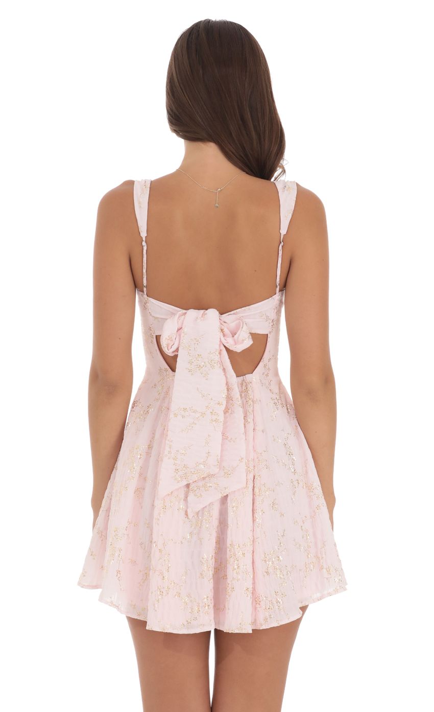 Lucy In The Sky Foiled Floral Crinkle Fit and Flare Dress in Pink