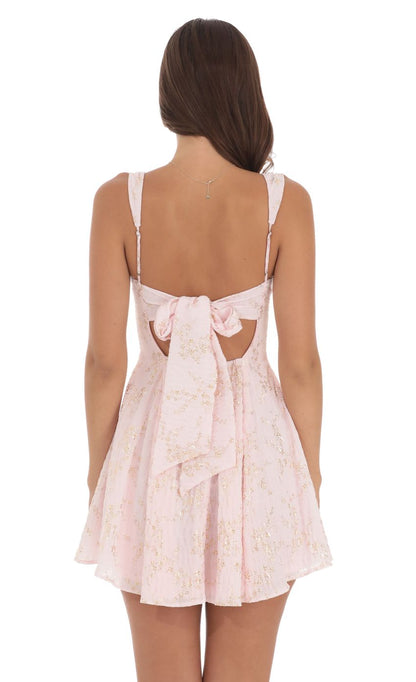 Lucy In The Sky Foiled Floral Crinkle Fit and Flare Dress in Pink