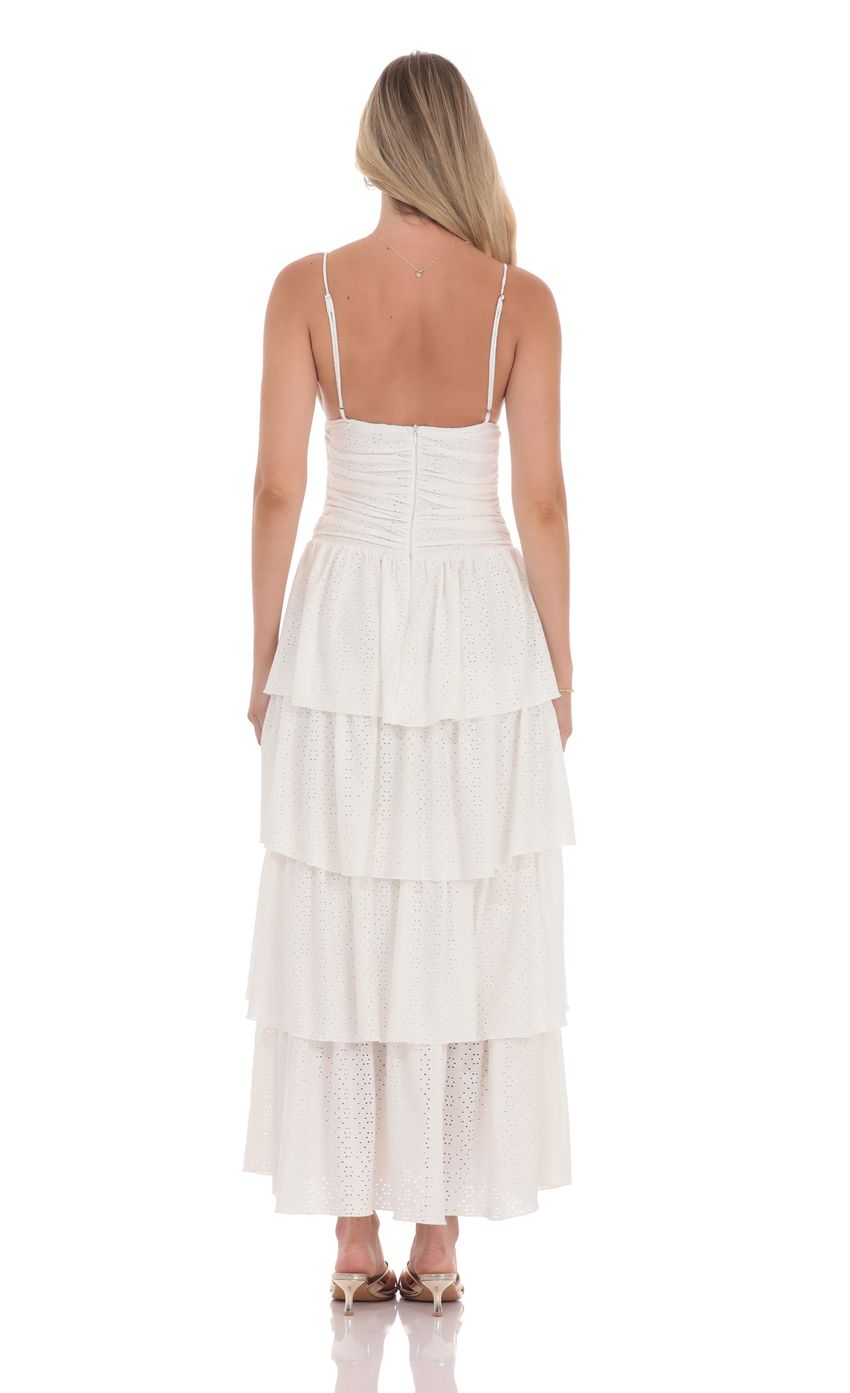 Lucy In The Sky Ruched Ruffle Eyelet Maxi Dress in White