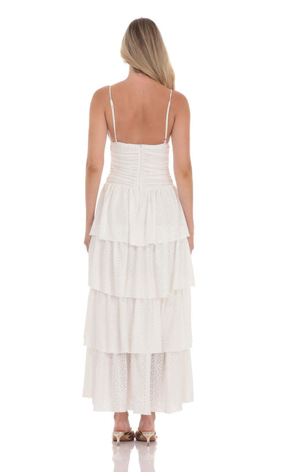 Lucy In The Sky Ruched Ruffle Eyelet Maxi Dress in White
