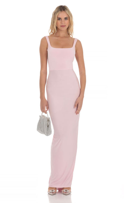 Lucy in the Sky Square Neck Open Back Maxi Dress in Pink