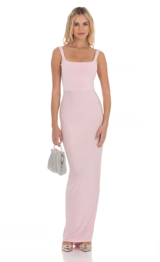 Lucy In The Sky Square Neck Open Back Maxi Dress in Pink