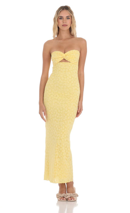 Lucy In The Sky Strapless Textured Floral Twist Maxi Dress in Yellow