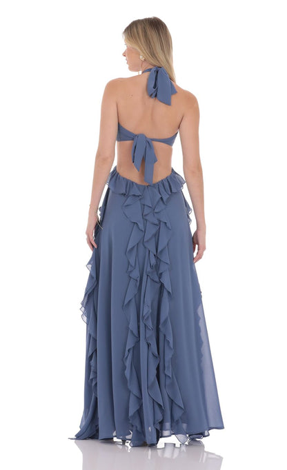 Lucy In The Sky Chiffon Cutout Ruffle Maxi Dress in Blue