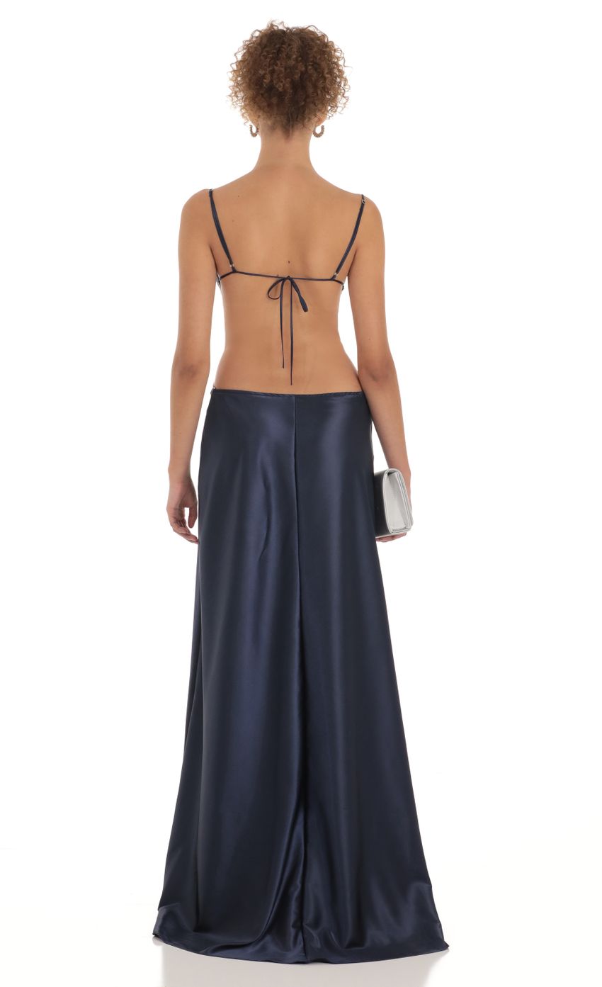 Lucy In The Sky Satin Rhinestone Maxi Dress in Navy
