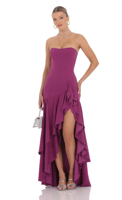 Lucy in the Sky Fishtail Strapless Corset Maxi Dress in Plum