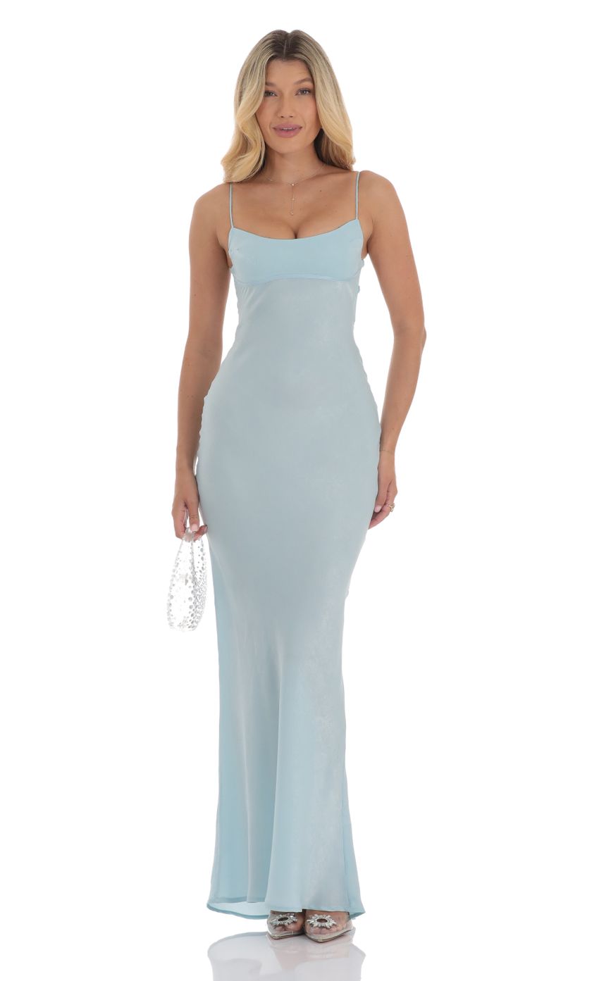 Lucy in the Sky Satin Open Back Maxi Dress in Light Blue