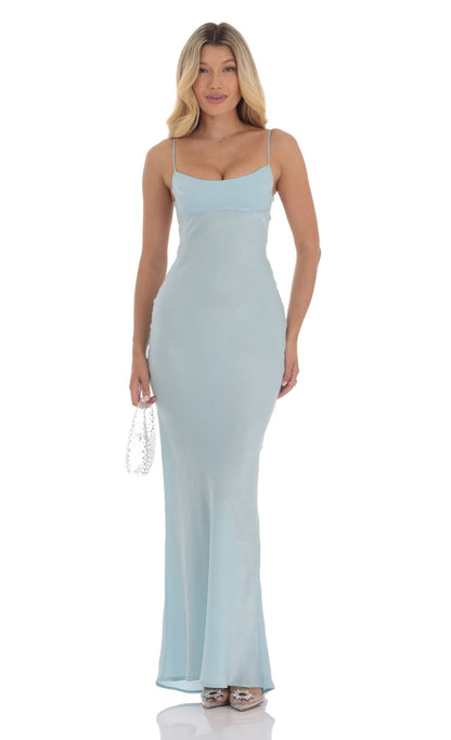 Lucy in the Sky Satin Open Back Maxi Dress in Light Blue