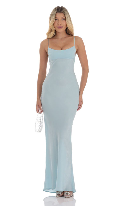 Lucy in the Sky Satin Open Back Maxi Dress in Light Blue