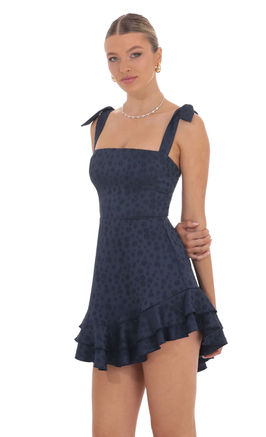 Lucy In The Sky Floral Jacquard Ruffle A-line Dress in Navy