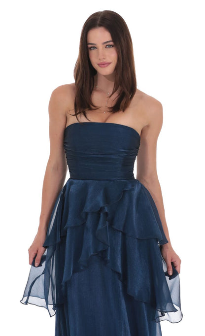 Lucy in the Sky Corset Petal Ruffle Strapless Maxi Dress in Navy