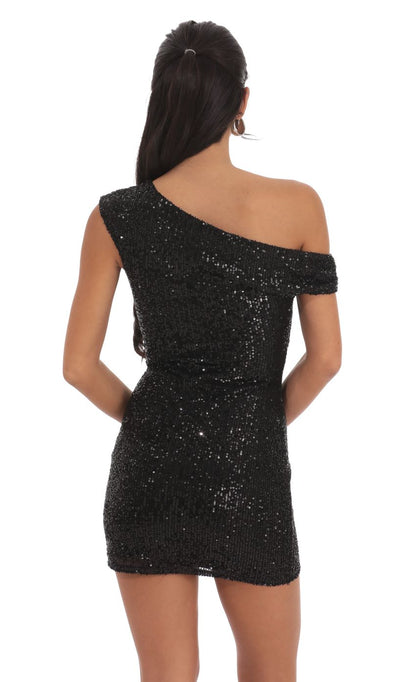 Lucy In The Sky Off Shoulder Sequin Bodycon Dress in Black