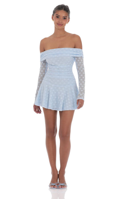 Lucy In The Sky Lace Off Shoulder Flare Dress in Light Blue