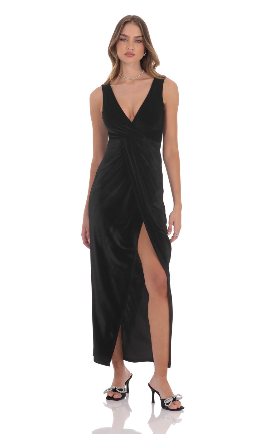 Lucy In The Sky Velvet V-Neck Slit Maxi Dress in Black