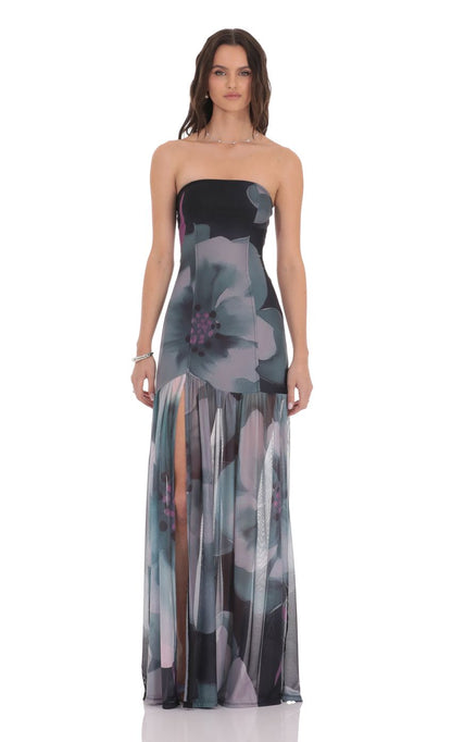 Lucy In The Sky Foral Mesh Strapless Maxi Dress in Navy