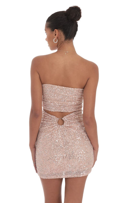 Lucy In The Sky Sequin Strapless Mini Dress in Rose Gold