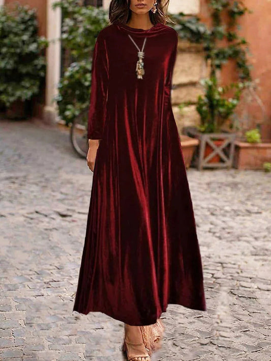 Ursime Velvet Solid Crew Neck Long Sleeve Maxi Dress