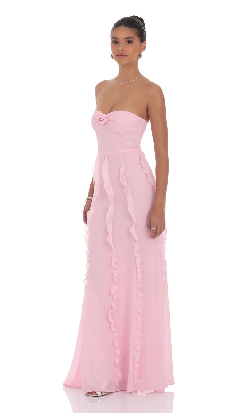 Lucy In The Sky Chiffon Rosette Ruffle Maxi Dress in Pink
