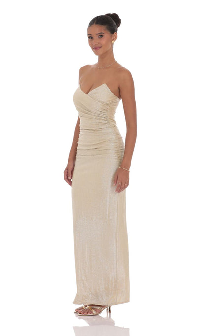 Lucy in the Sky Pointed Corset Maxi Dress in Gold