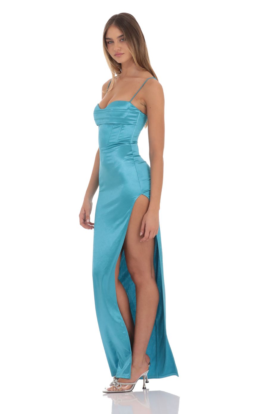 Lucy In The Sky Satin Corset Maxi Dress in Blue