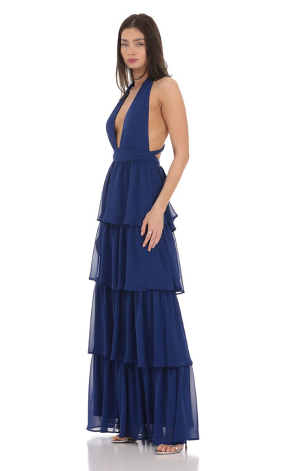 Lucy In The Sky Chiffon Plunge Ruffle Dress in Blue