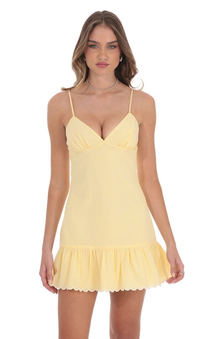 Lucy In The Sky Pinstriped Scallop Ruffle Dress in Yellow