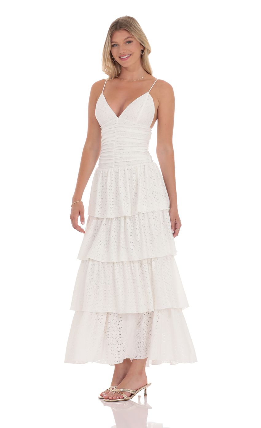 Lucy In The Sky Ruched Ruffle Eyelet Maxi Dress in White