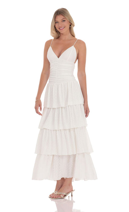 Lucy In The Sky Ruched Ruffle Eyelet Maxi Dress in White