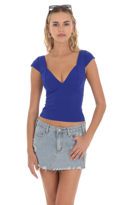Lucy in the Sky Short Sleeve V-Neck Top in Blue