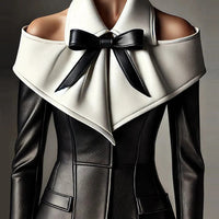 Ursime PU Leather Cold Shoulder Bow Decor Long Sleeve Blouse