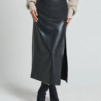 Ursime Casual PU Leather High Rise Slit Bodycon Midi Skirt