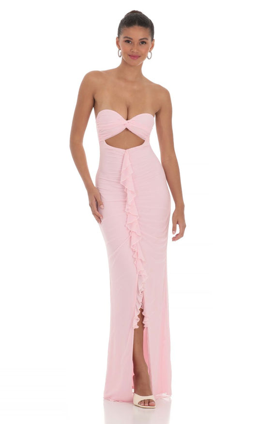 Lucy in the Sky Mesh Cutout Ruffle Maxi Dress in Pink