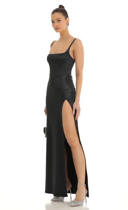 Lucy in the Sky Satin Rhinestone Maxi Dress in Black