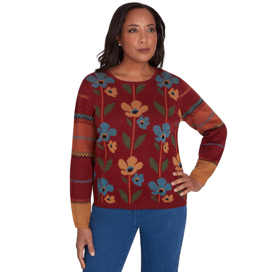 Alfred Dunner Women's Vertical Floral Crew Neck Sweater