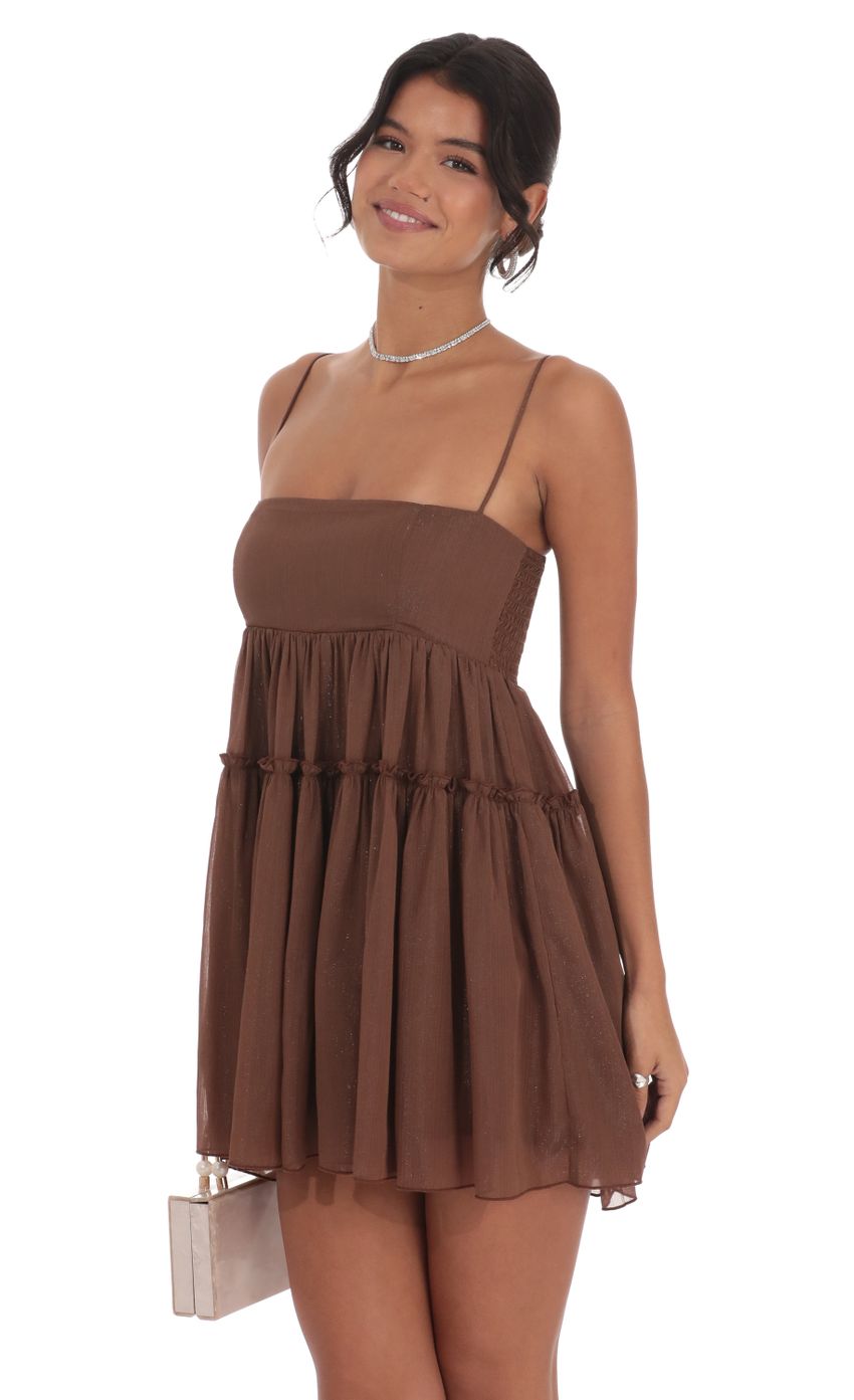 Lucy In The Sky Shimmer Babydoll Dress in Brown