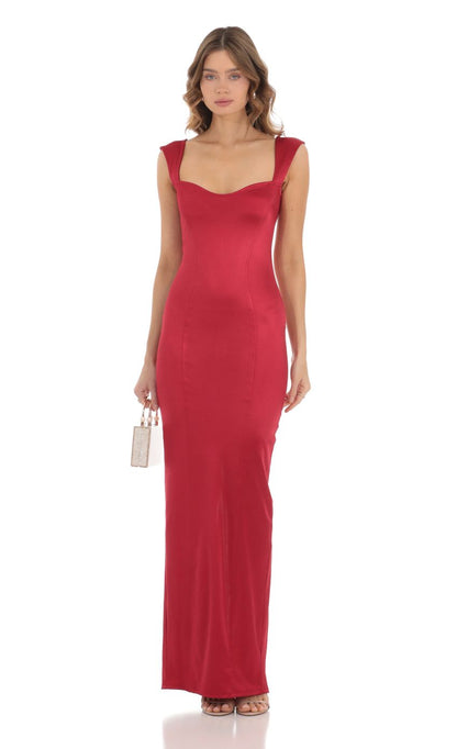 Lucy in the Sky Satin Bodycon Maxi Dress in Red