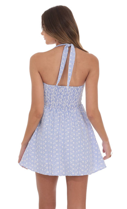 Lucy In The Sky Striped Floral Halter Fit and Flare Dress in Blue and White