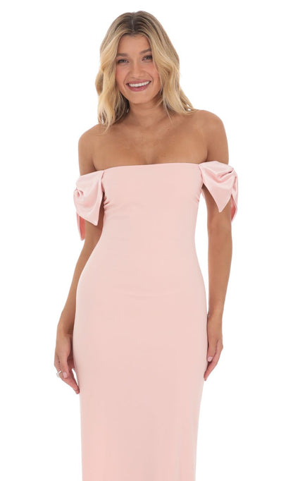 Lucy In The Sky Off Shoulder Bow Sleeve Maxi Dress in Pink