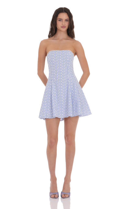 Lucy In The Sky Striped Floral Strapless Dress in Blue and White