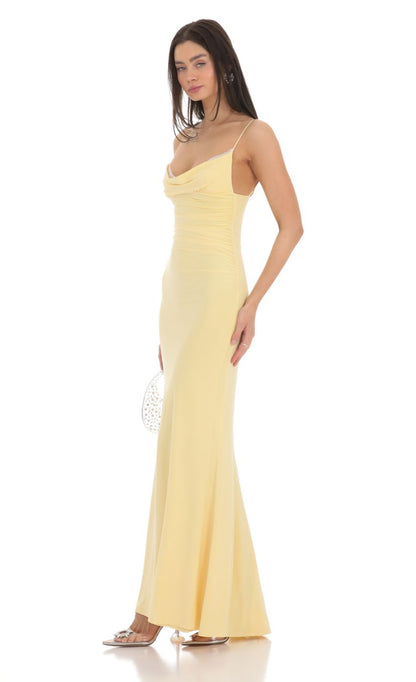 Lucy in the Sky Cowl Neck Mermaid Maxi Dress in Yellow