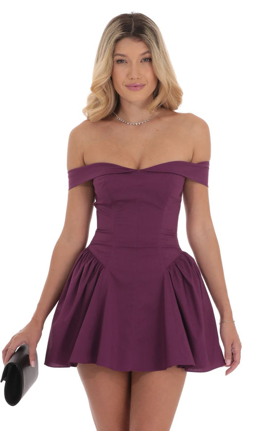 Lucy In The Sky Off Shoulder Fit and Flare Dress in Purple