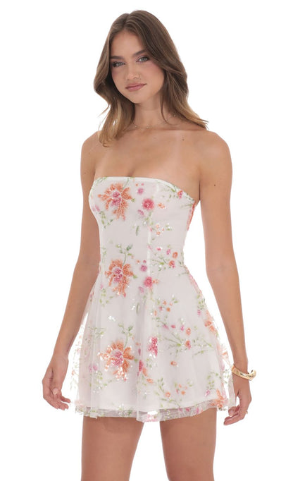 Lucy In The Sky Sequin Floral Strapless Dress in White