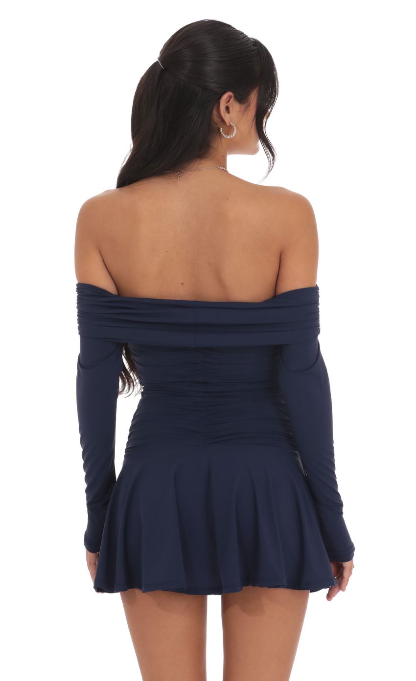 Lucy In The Sky Off Shoulder Ruched Flare Dress in Navy